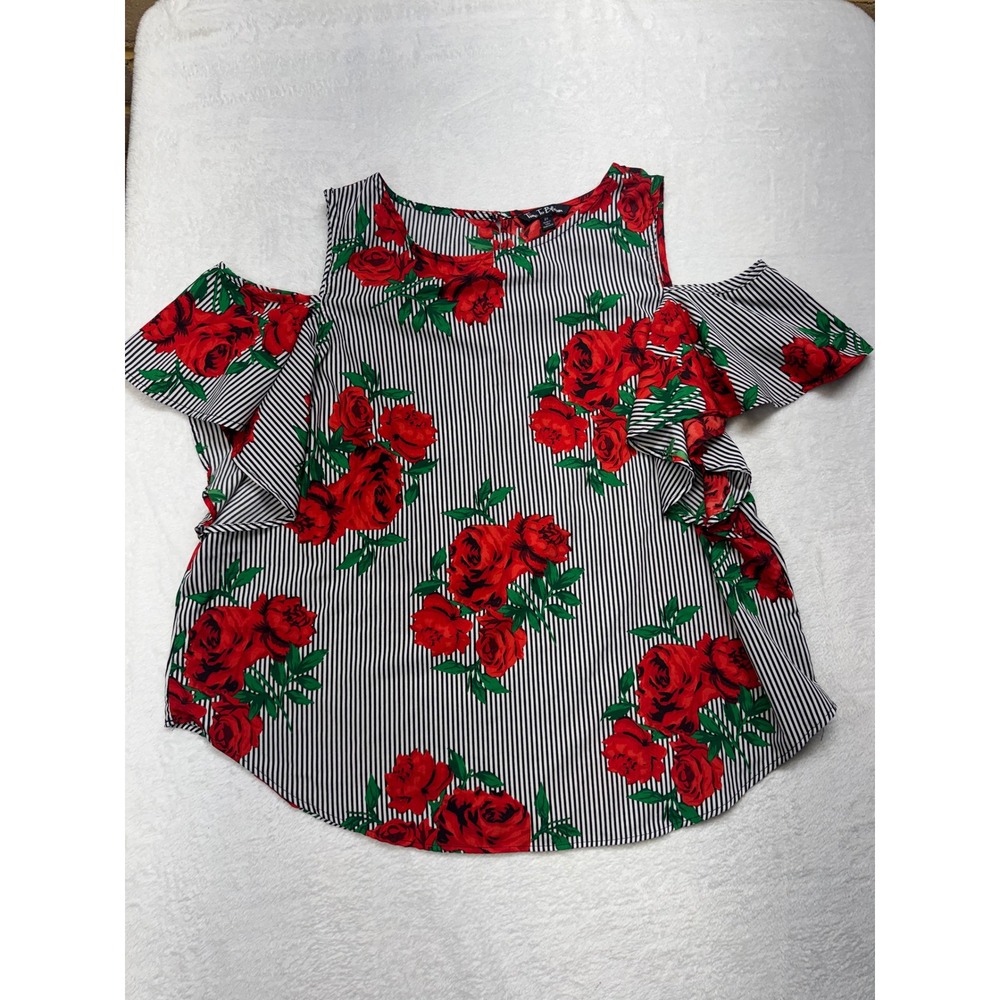 Time To Bloom Womens 2X Cold Shoulder Floral Striped Ruffle Blouse Red